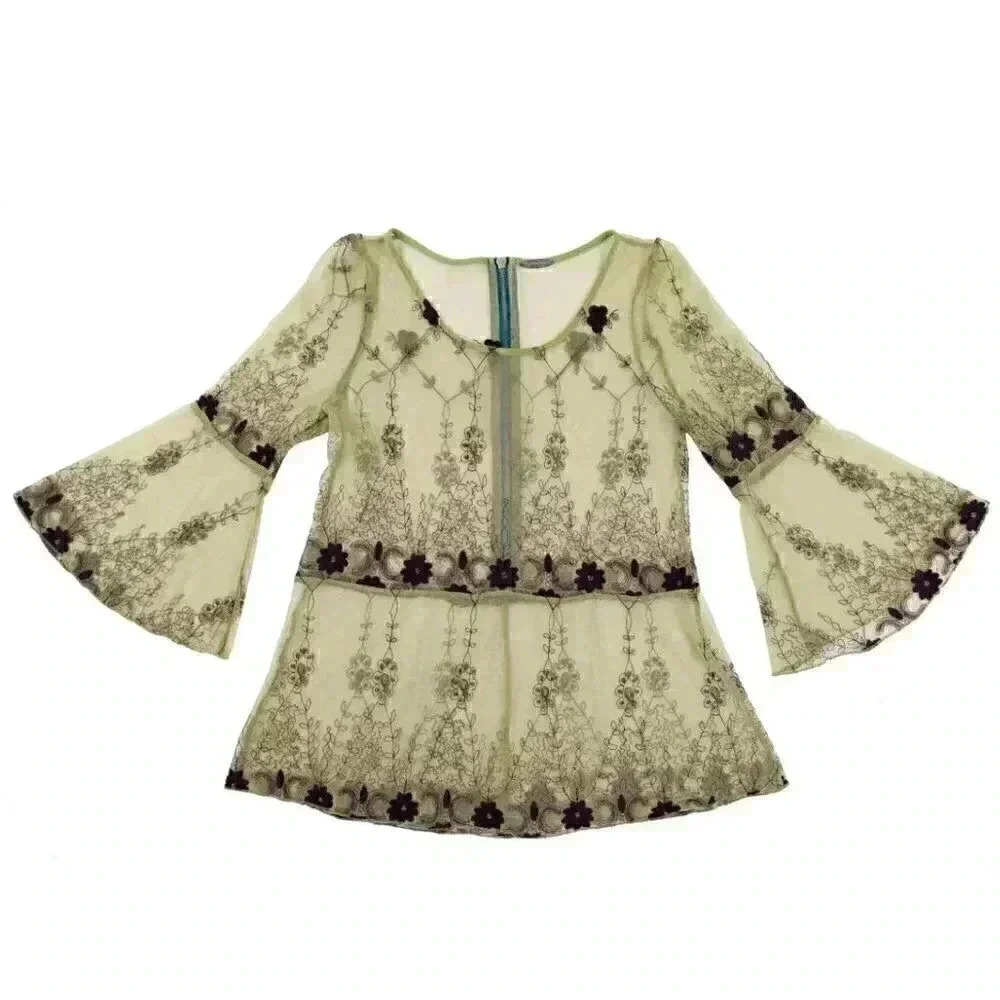 Floral Embroidered Sheer Mesh Peplum Blouse Size Medium Summer Boho Chic Top